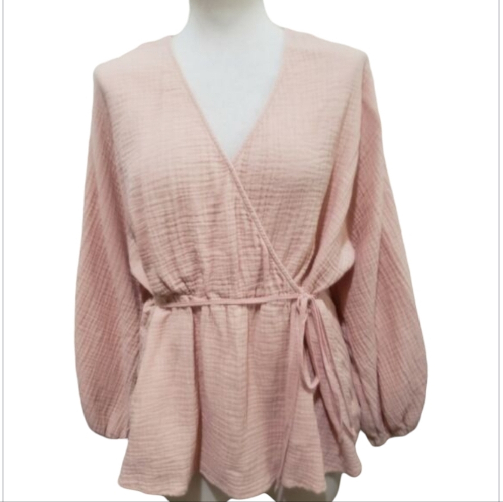 Ava & Viv Gauzy Dolman Sleeve Wrap Look V Neck Blouse